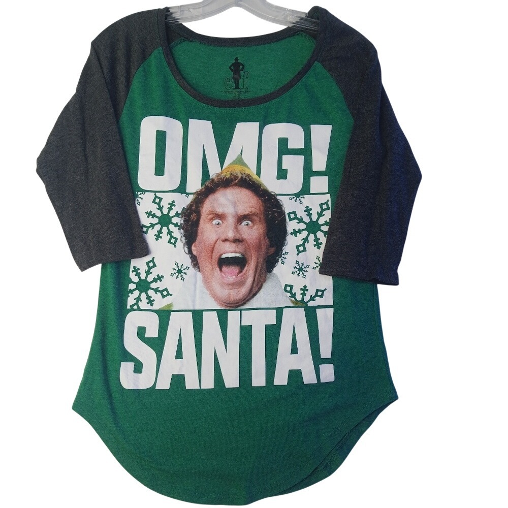 Elf Movie Graphic Tee Womens Large Green OMG‎ Santa Raglan 3/4 Sleeve Shirt